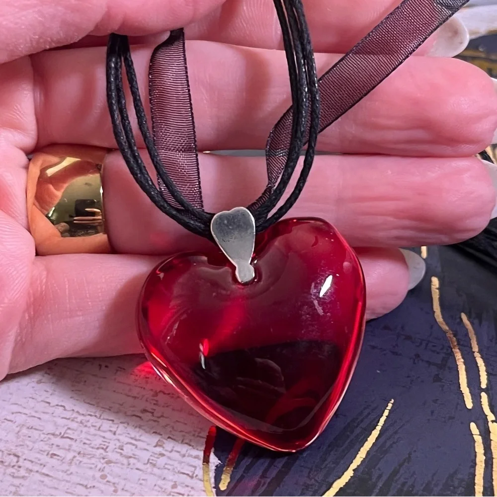 Vintage 1990s red glass heart CZ black Gothic sheer ribbon with silver necklace